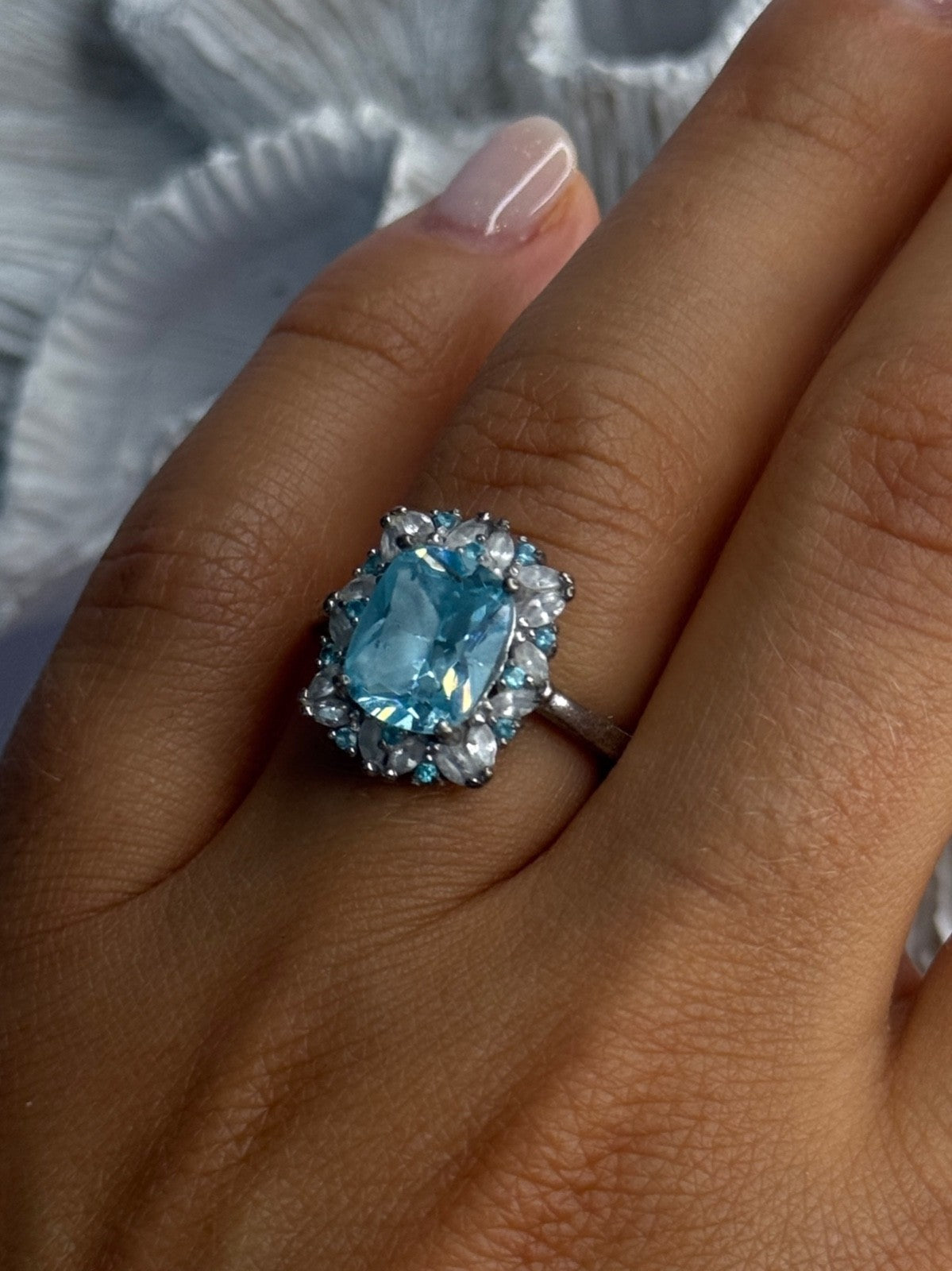 Beautiful 925 Sterling Silver Topaz & Beryl Ring Size 8