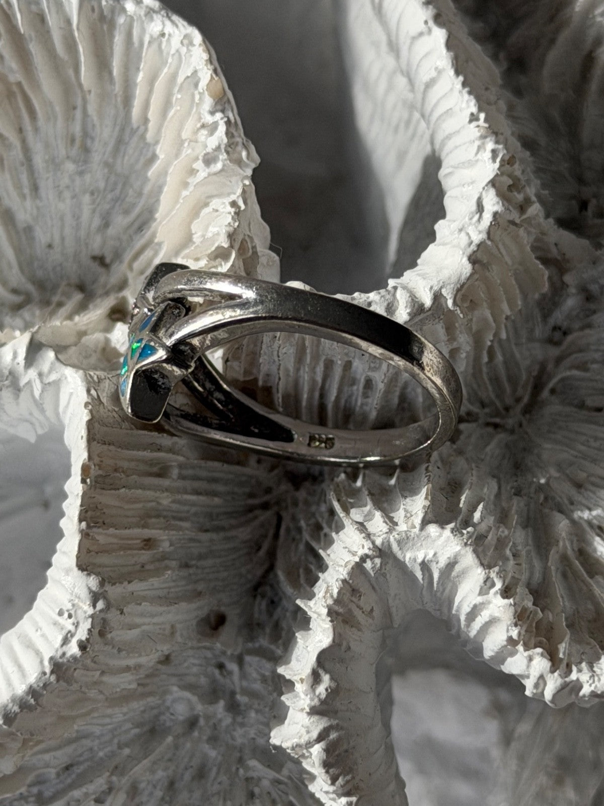 925 Sterling Silver White Topaz & Opal Stars Ring Size 8