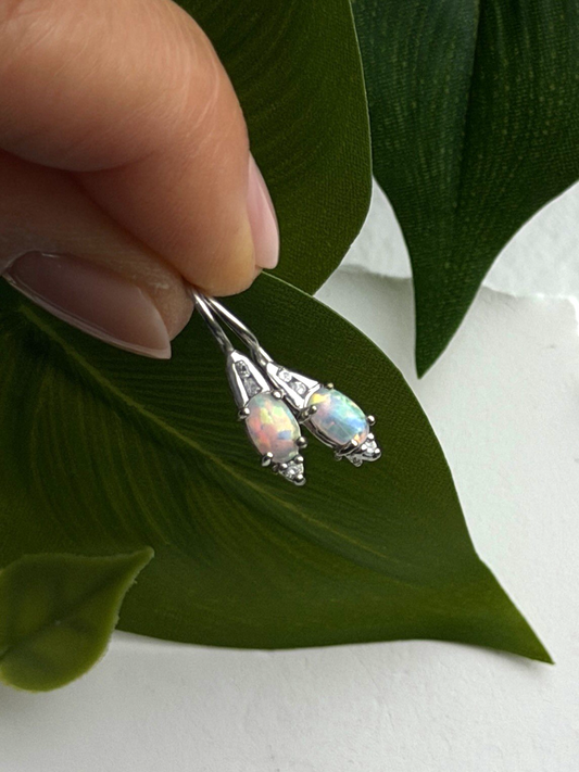Art Deco Vintage 925 Sterling Silver Opal & Beryl Drop Earrings