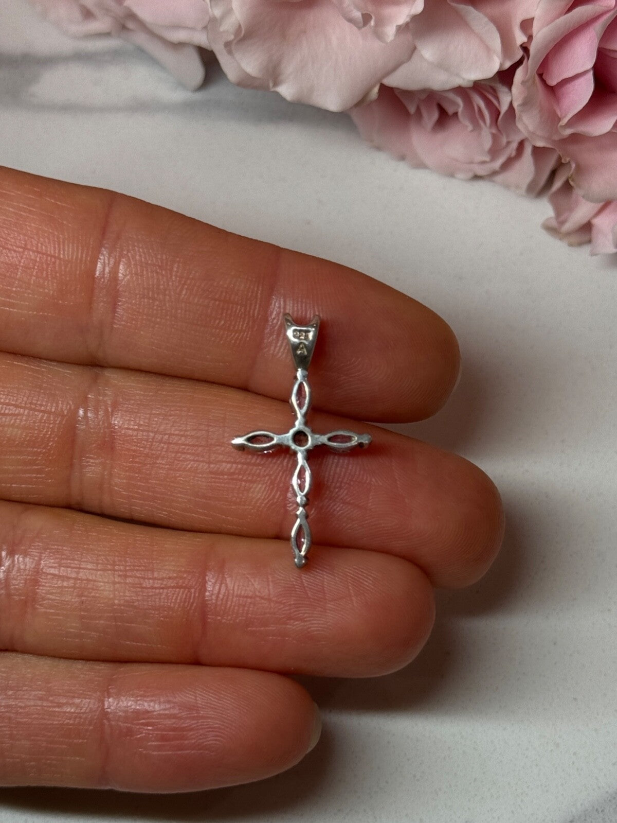 925 Sterling Silver Morganite & CZ Cross Length 1.1 In