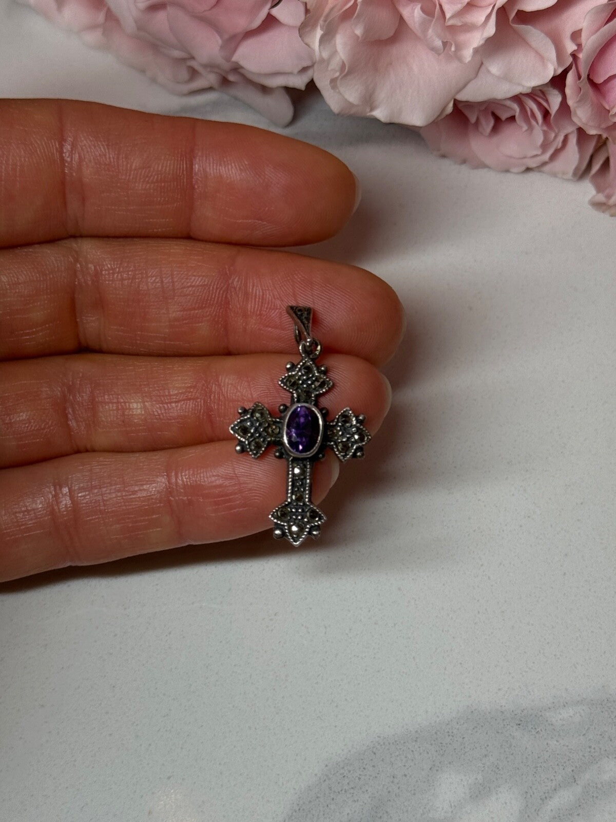 925 Sterling Silver Amethyst & Marcasite Cross Length 1.3 In