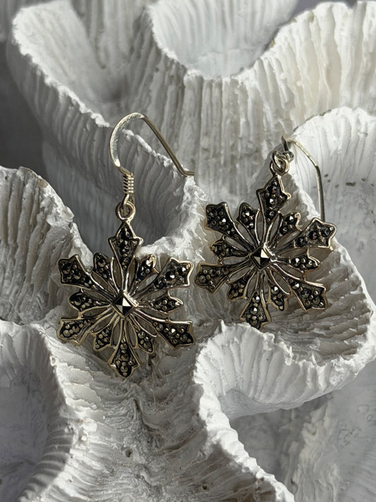 925 Sterling Silver Marcasite Snowflake Earrings