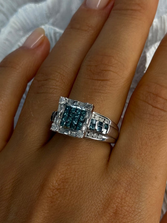 10K White Gold Aquamarine & White Topaz Ring Size 8
