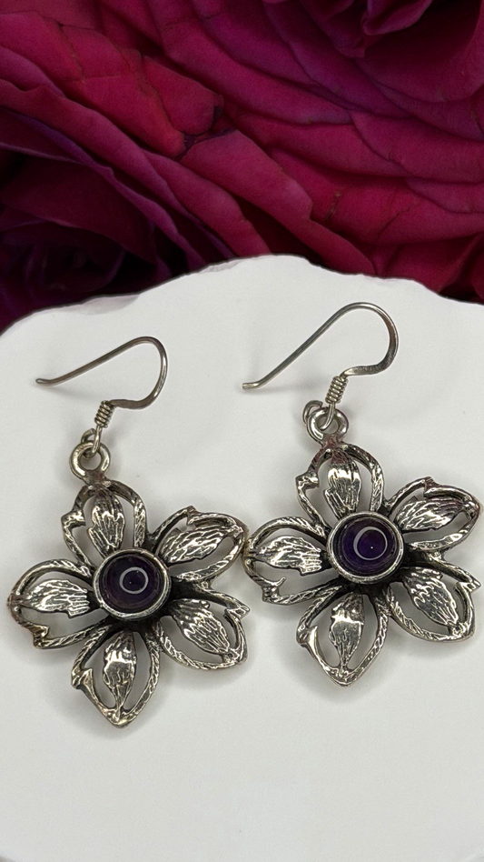 Vintage Flower 925 Sterling Silver Amethyst Earrings