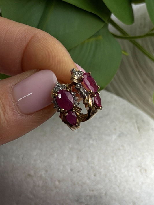 Elegant 10K Yellow Gold Ruby & Diamond Earrings