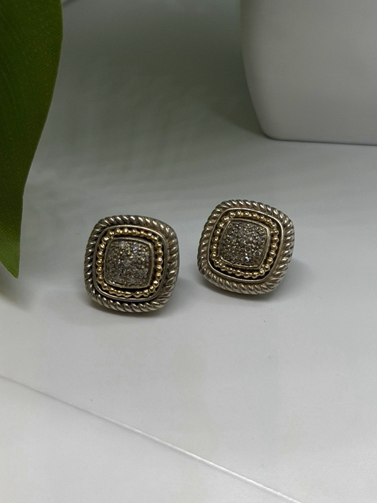 Vintage 14K yellow Gold & 925 Sterling Silver White Colorless Sapphire Earrings