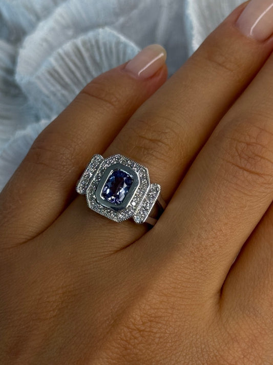 14K White Gold Tanzanite & Diamond Ring Size 6