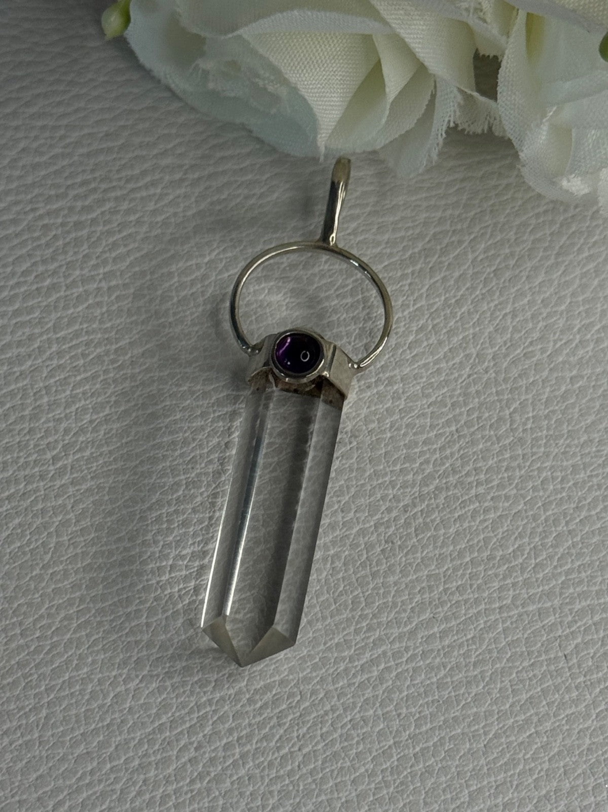 925 Sterling Silver Clear Quartz & Amethyst Pendant Length 2 Inch