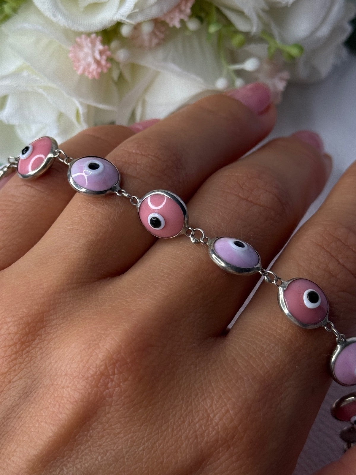 Ati 925 Sterling Silver Pink Evil Eye Bracelet Length 7 Inch