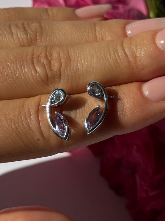 925 Sterling Silver Amethyst & Topaz Earrings Length 0.70 Inch