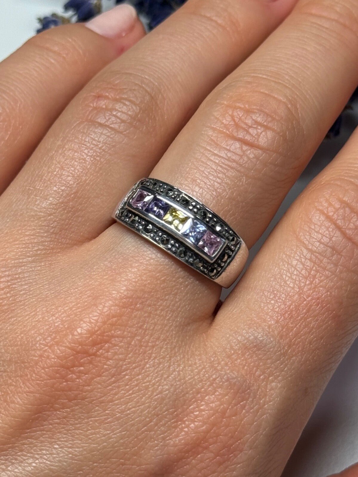 Vintage 925 Sterling Silver Tourmalines & Marcasite Ring Size 8