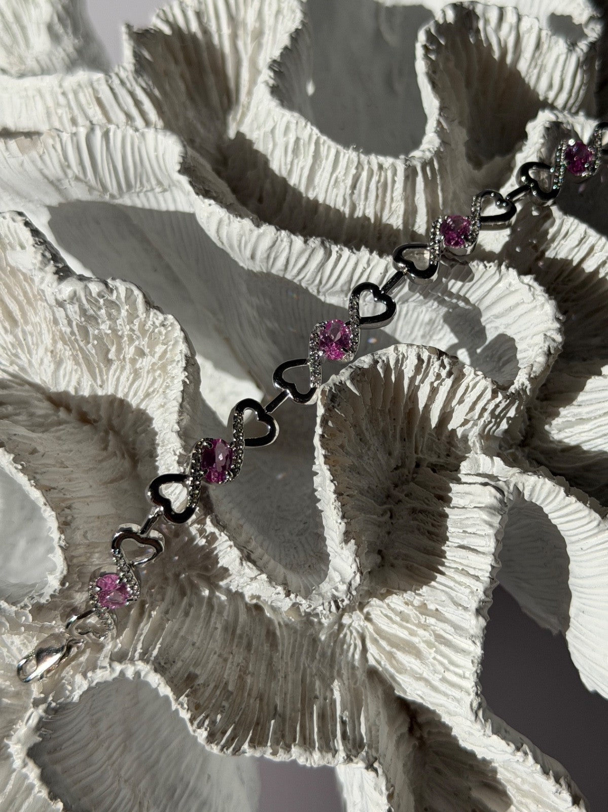 925 Sterling Silver Pink & White Spinel Heart Bracelet