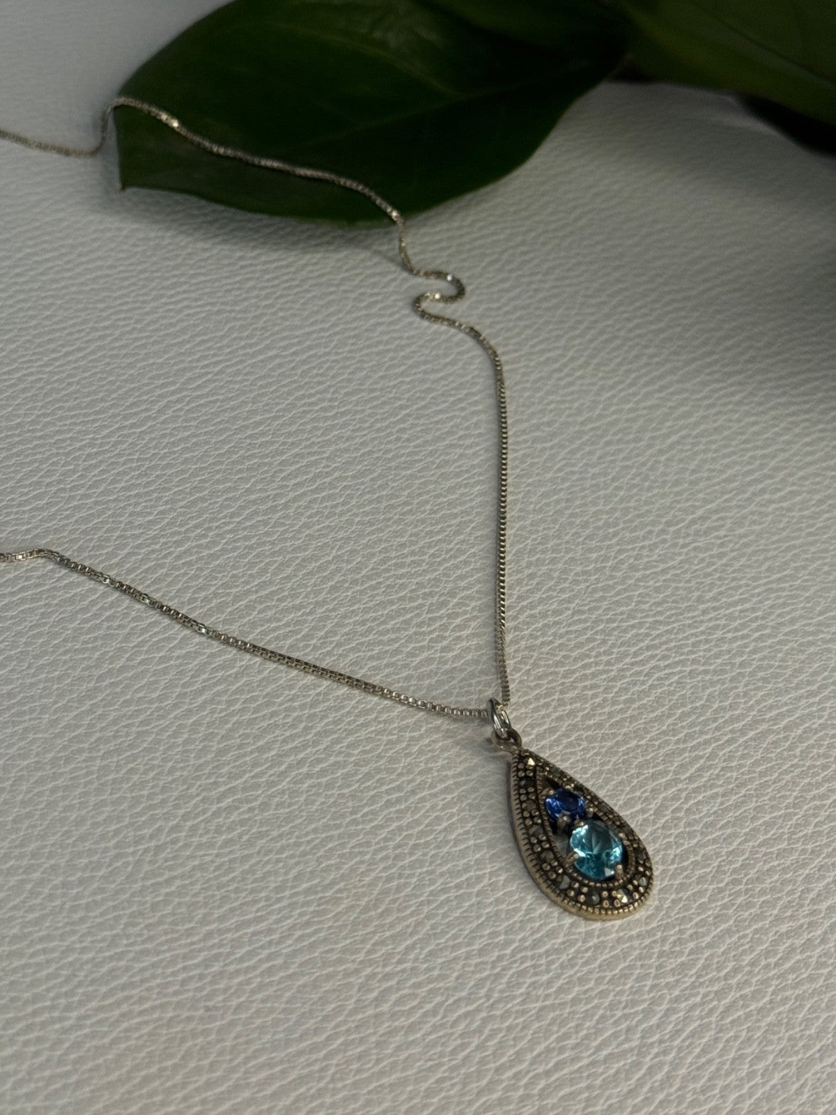 925 Sterling Silver Topaz, Sapphire & Marcasite Necklace Length 15.5 Inch