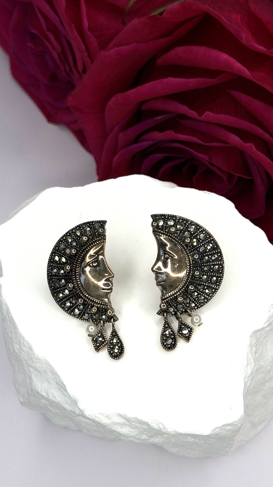 Half Moon Face Design 925 Sterling Silver Marcasite Stones Earrings