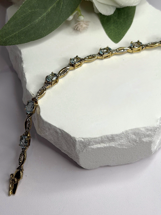 925 Sterling Silver Gold Plated Blue Topaz Bracelet Size 7.5