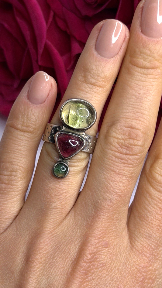 Carol Felley Vintage 925 Sterling Silver Peridot & Tourmaline Ring Size 6.5