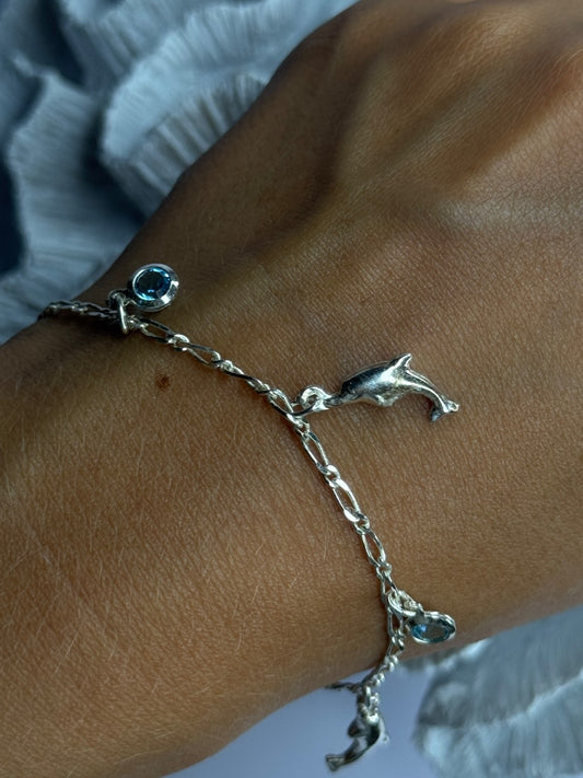 925 Sterling Silver Dolphin Blue Topaz Bracelet Length 7.5