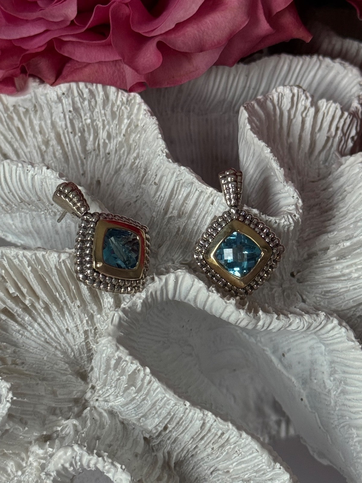 14K Yellow Gold & 925 Sterling Silver Blue Topaz Earrings