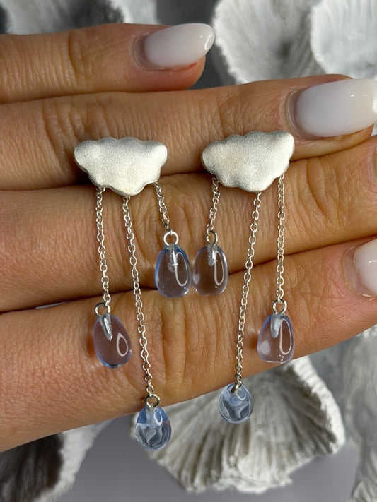 Cloud Tassel Raindrops 925 Sterling Silver Blue Crystal Earrings