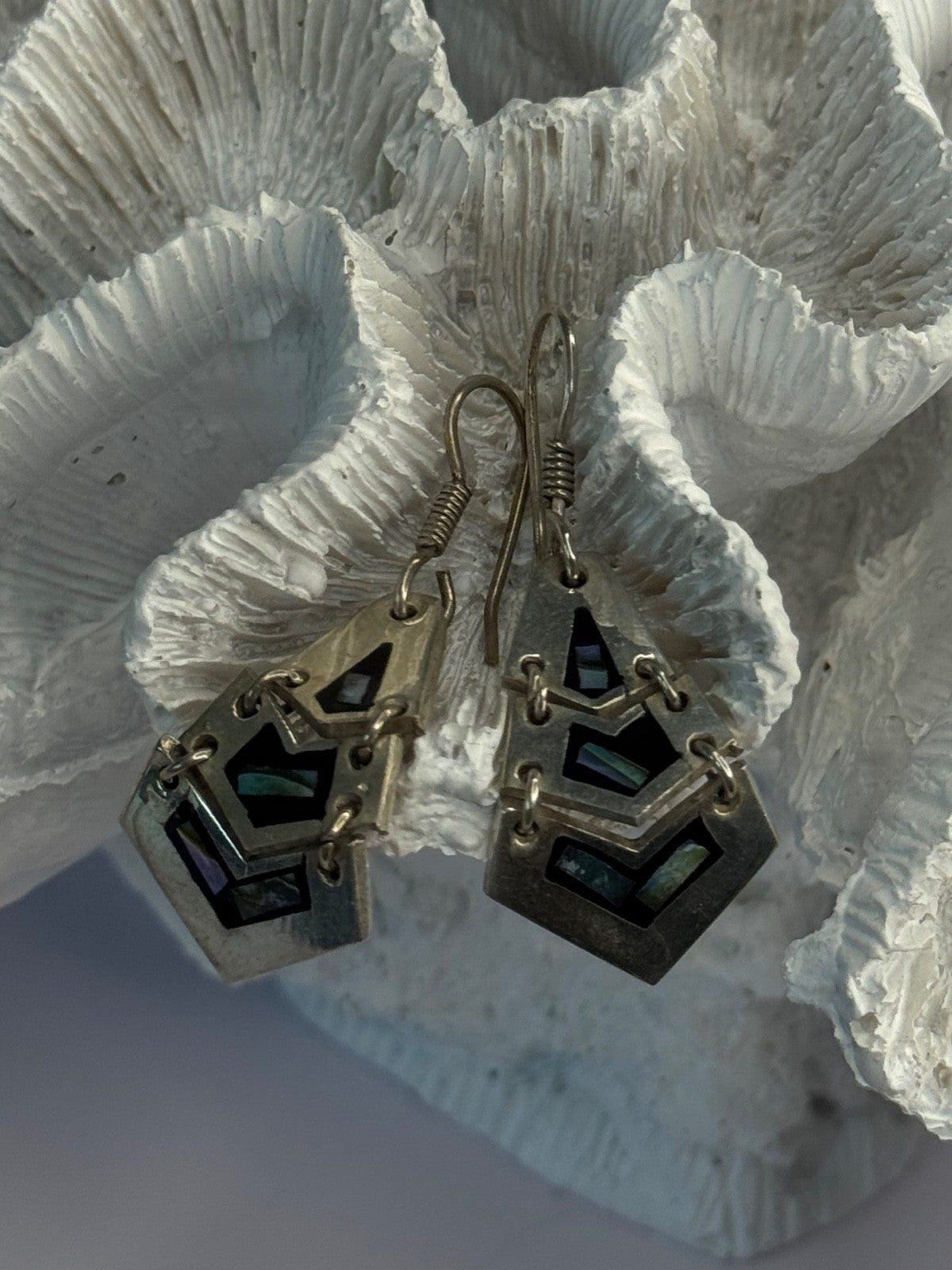 Vintage 925 Sterling Silver Onyx & Abalone Earrings Length 1.90 Inch