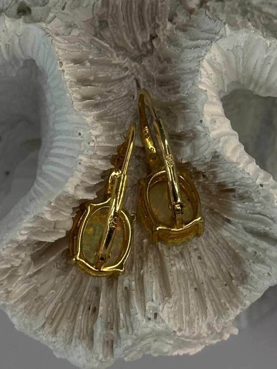 925 Sterling Silver Gold Plated Opal Earrings Length 0.70 Inch