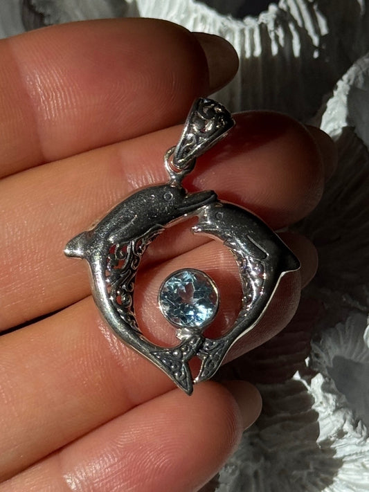 925 Sterling Silver Dolphins Topaz Pendant