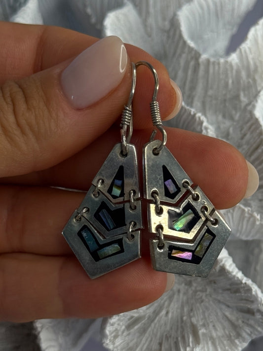 Vintage 925 Sterling Silver Onyx & Abalone Earrings Length 1.90 Inch