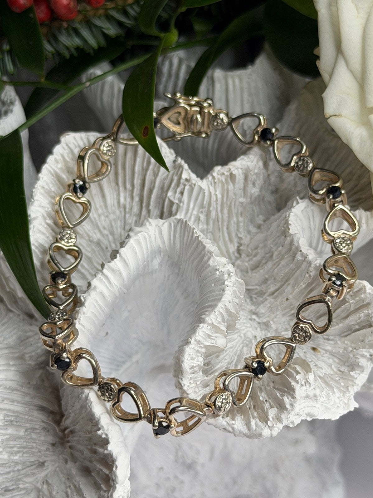 925 Sterling Silver Sapphire Heart Bracelet Size 7.5