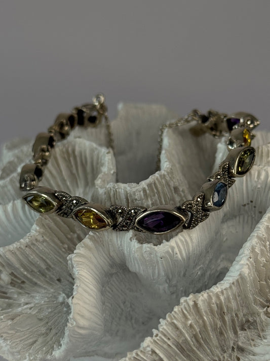 Vintage 925 Sterling Silver Multi Color Gemstones Bracelet Length 7