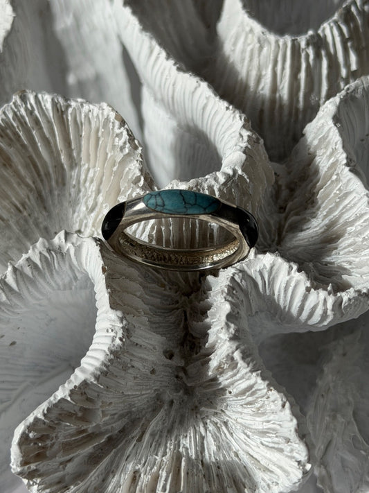 925 Sterling Silver Turquoise & Onyx Ring Size 7