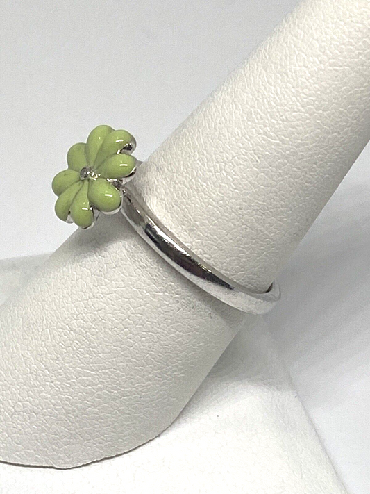 925 Sterling Silver Colorless Sapphire and Green Enamel "Flower" Ring Size 8