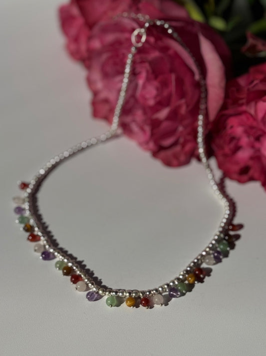 925 Sterling Silver Multi Color Agate Necklace Length 15/18 Inch