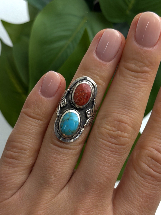 Vintage Boho 925 Sterling Silver Coral & Turquoise Ring Size 5