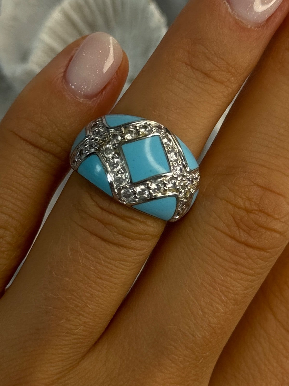 925 Sterling Silver Turquoise & CZ Ring Size 6
