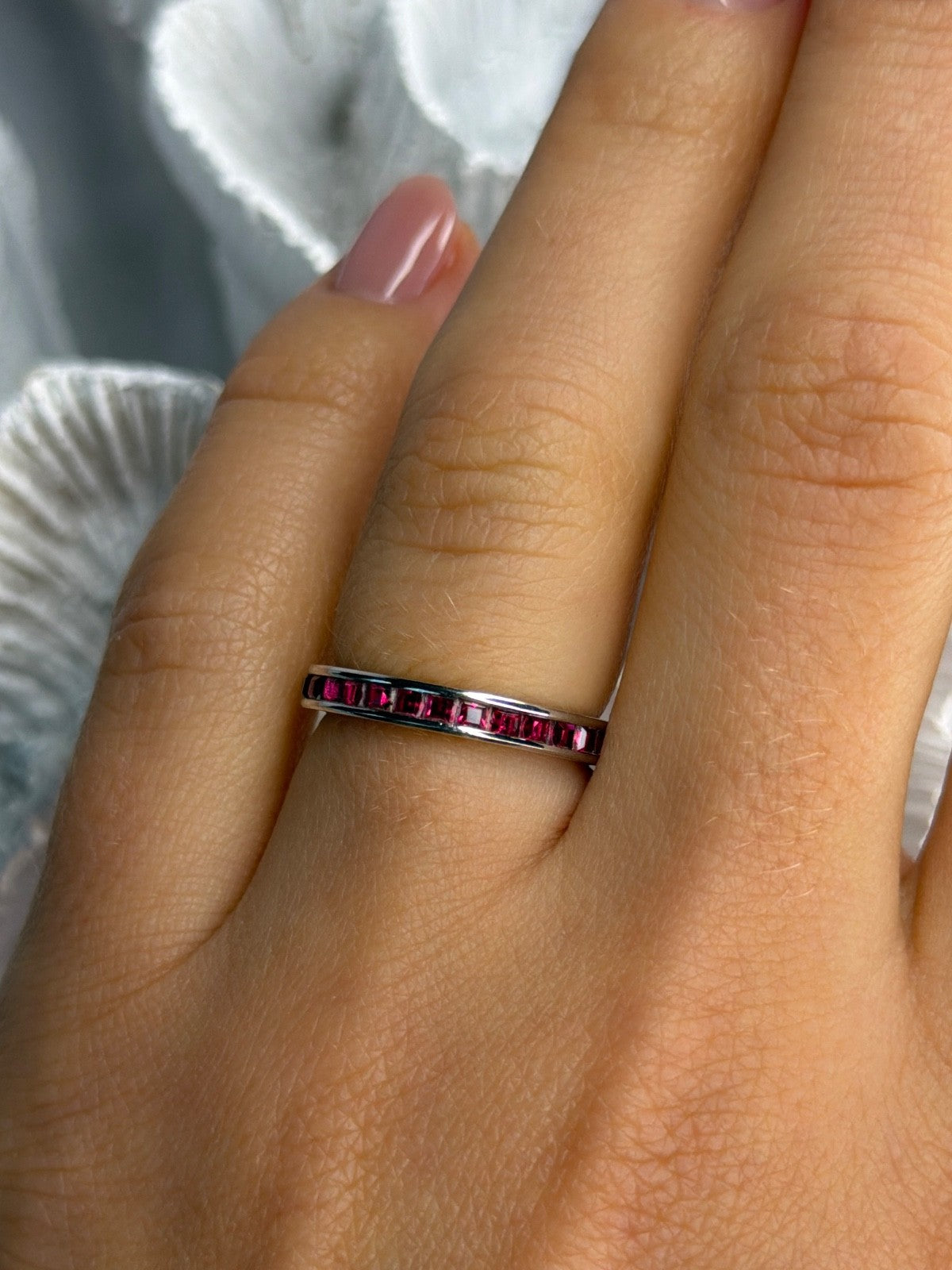 925 Sterling Silver Pink Spinel Band Ring Size 6
