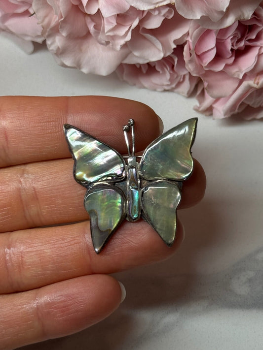 925 Sterling Silver Abalone Brooch Butterfly Length 1.5 In