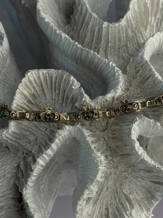 Vintage 925 Sterling Silver Heart Emerald & Marcasite Bracelet Length 7