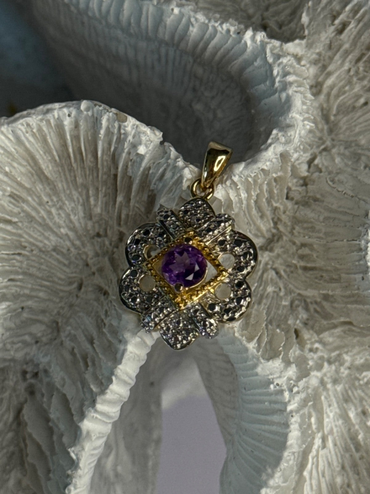925 Sterling Silver Gold Plated Amethyst Pendant Length 1 Inch