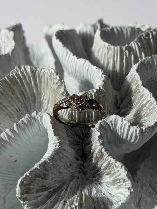 925 Sterling Silver & 10K Rose Gold Colorless Sapphire Ring Size 6