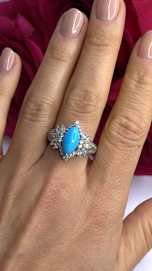 925 Sterling Silver Blue Turquoise & Beryl Stones Ring Size 9