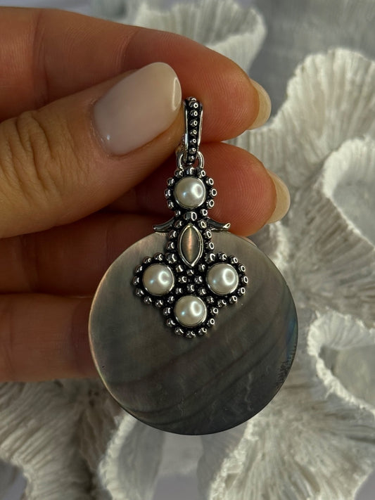 925 Sterling Silver Abalone & Pearl Pendant Length 2.30 Inch
