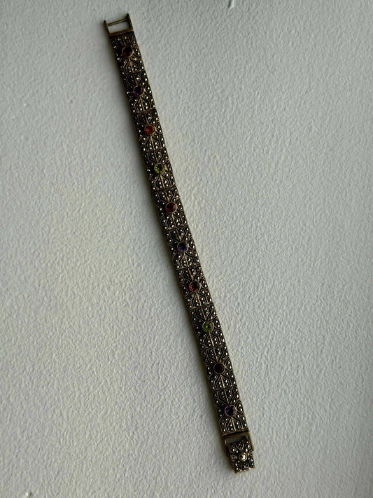 Vintage 925 Sterling Silver Multi Color Tourmaline & Marcasite Bracelet 7
