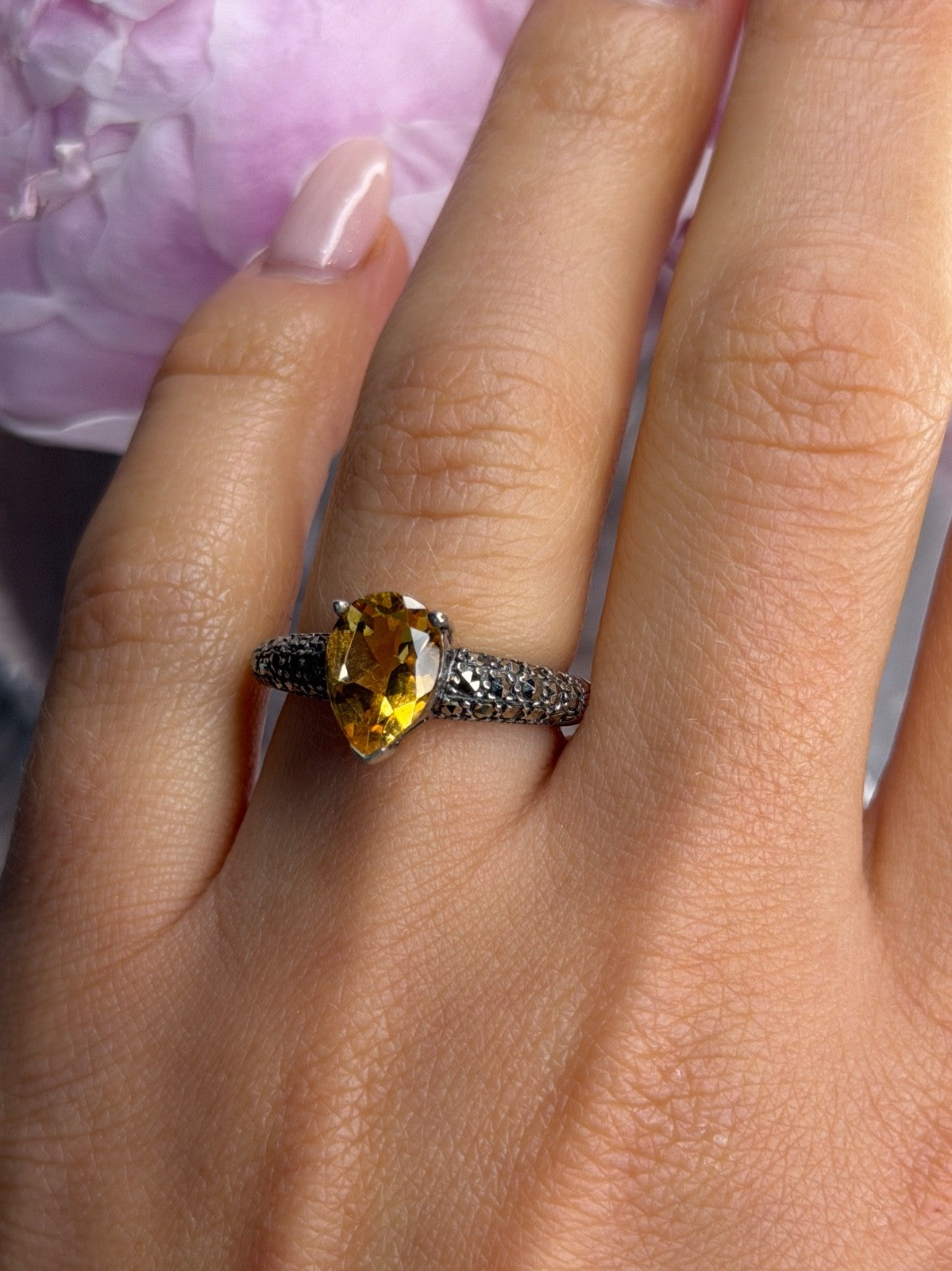 925 Sterling Silver Citrine & Marcasite Ring Size 7