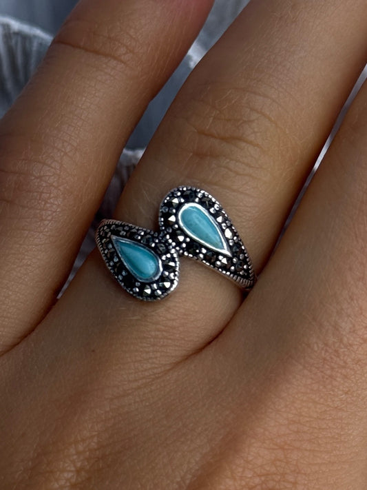 925 Sterling Silver Turquoise & Marcasite Ring Size 7