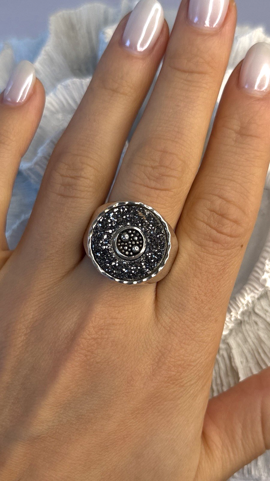 Michael Dawkins Starry Night 925 Sterling Silver Black Druzy Quartz Ring Size 9