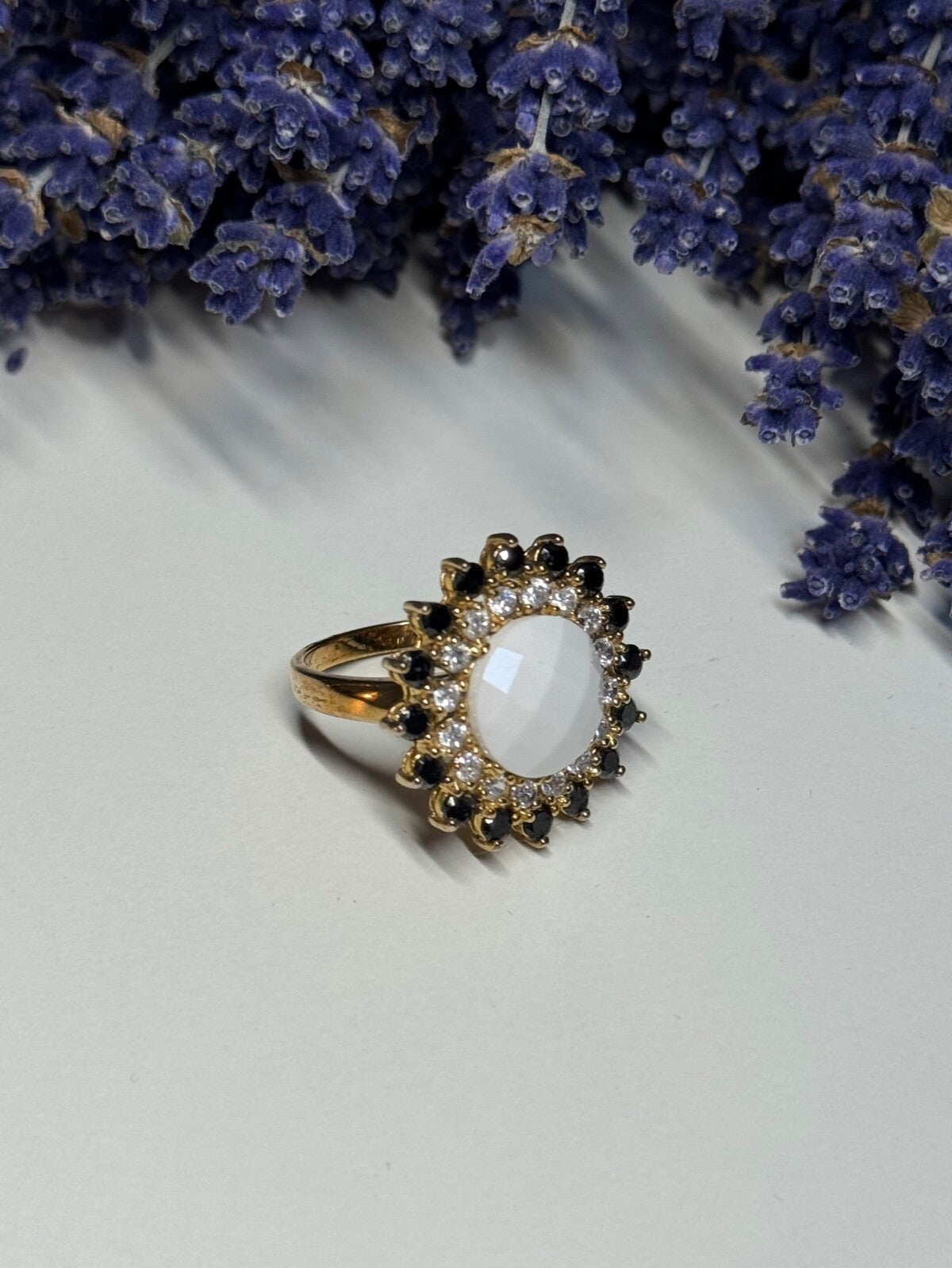 925 Sterling Silver Agate, White & Blue Sapphire Ring Size 7