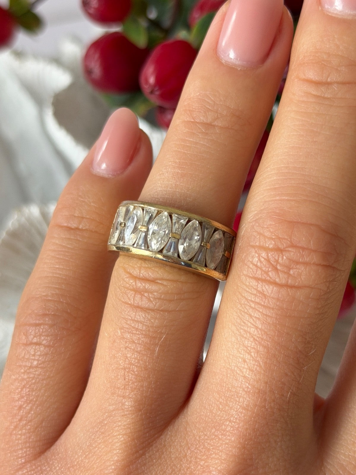 925 Sterling Silver Gold Plated Beryl Ring Size 6