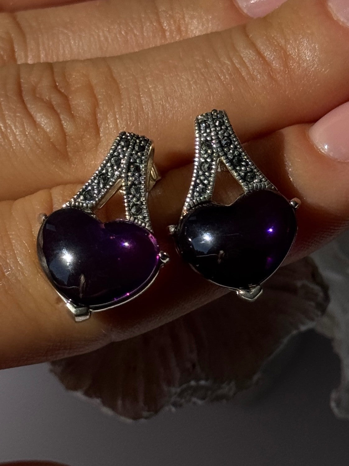 925 Sterling Silver Amethyst Heart & Marcasite Earrings Length 0.90 Inch