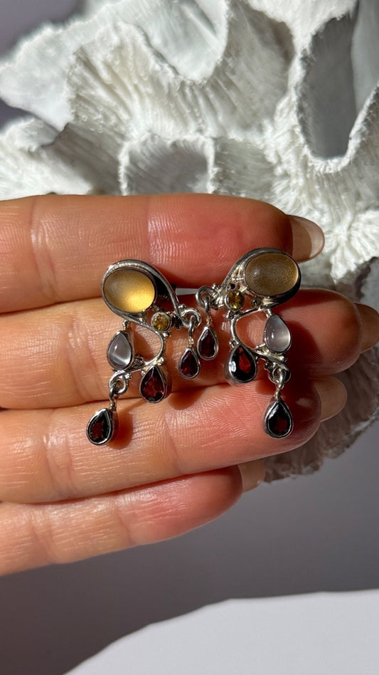 Vintage 925 Sterling Silver Multi Color Gemstones Earrings