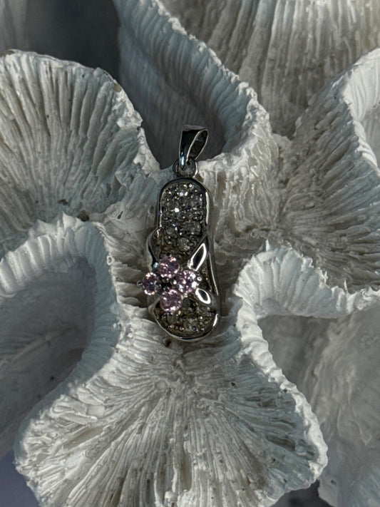 Ws 925 Sterling Silver Flip Flop Sandal Pink & White CZ Pendant Length 1.30 Inch